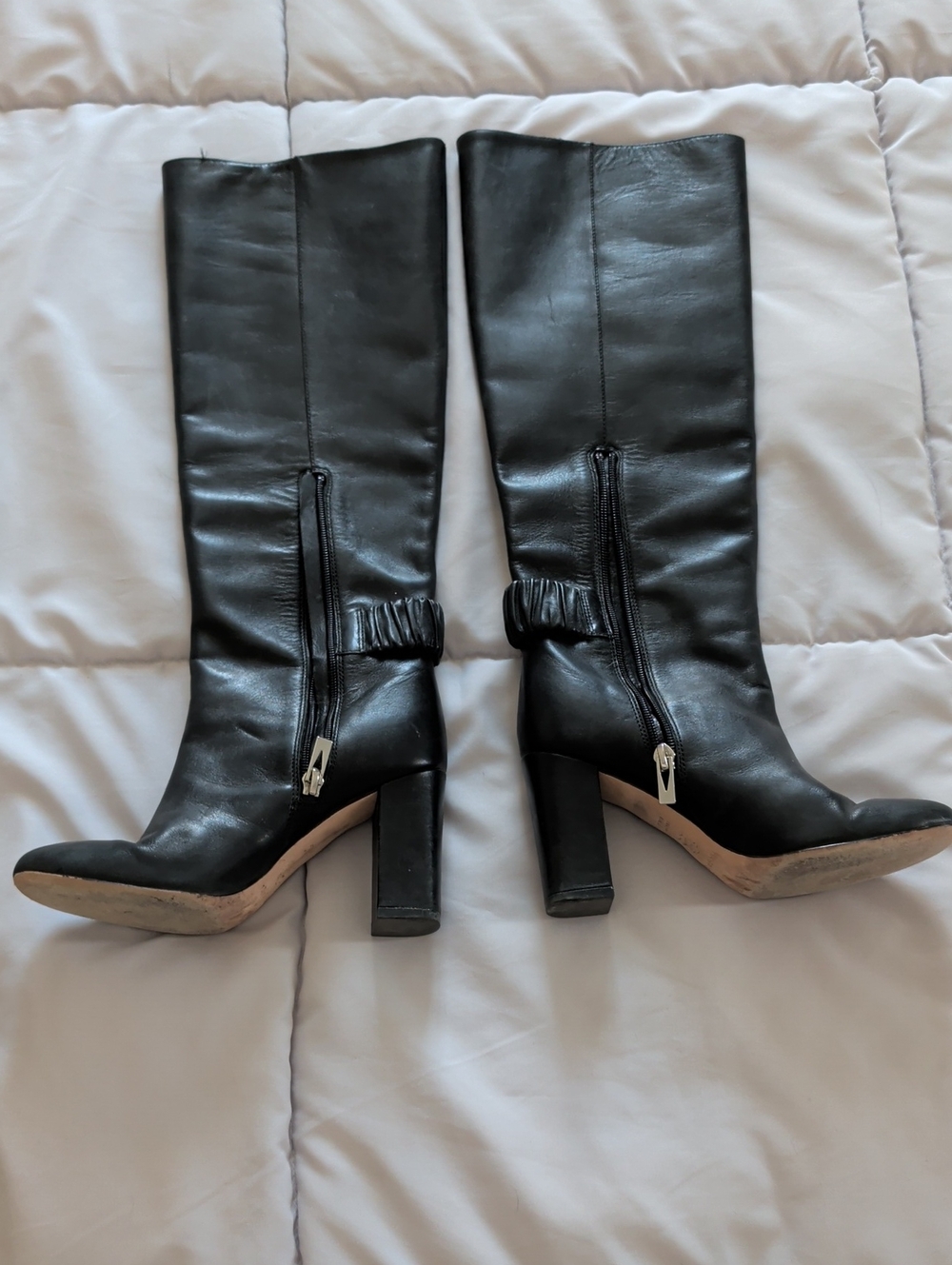 Via Spiga Black Leather Knee-High Block Heel Boots with Side Zipper